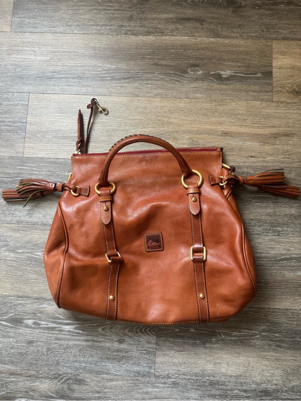 Leather Floretine Satchel Handbag in Cognac Brown
